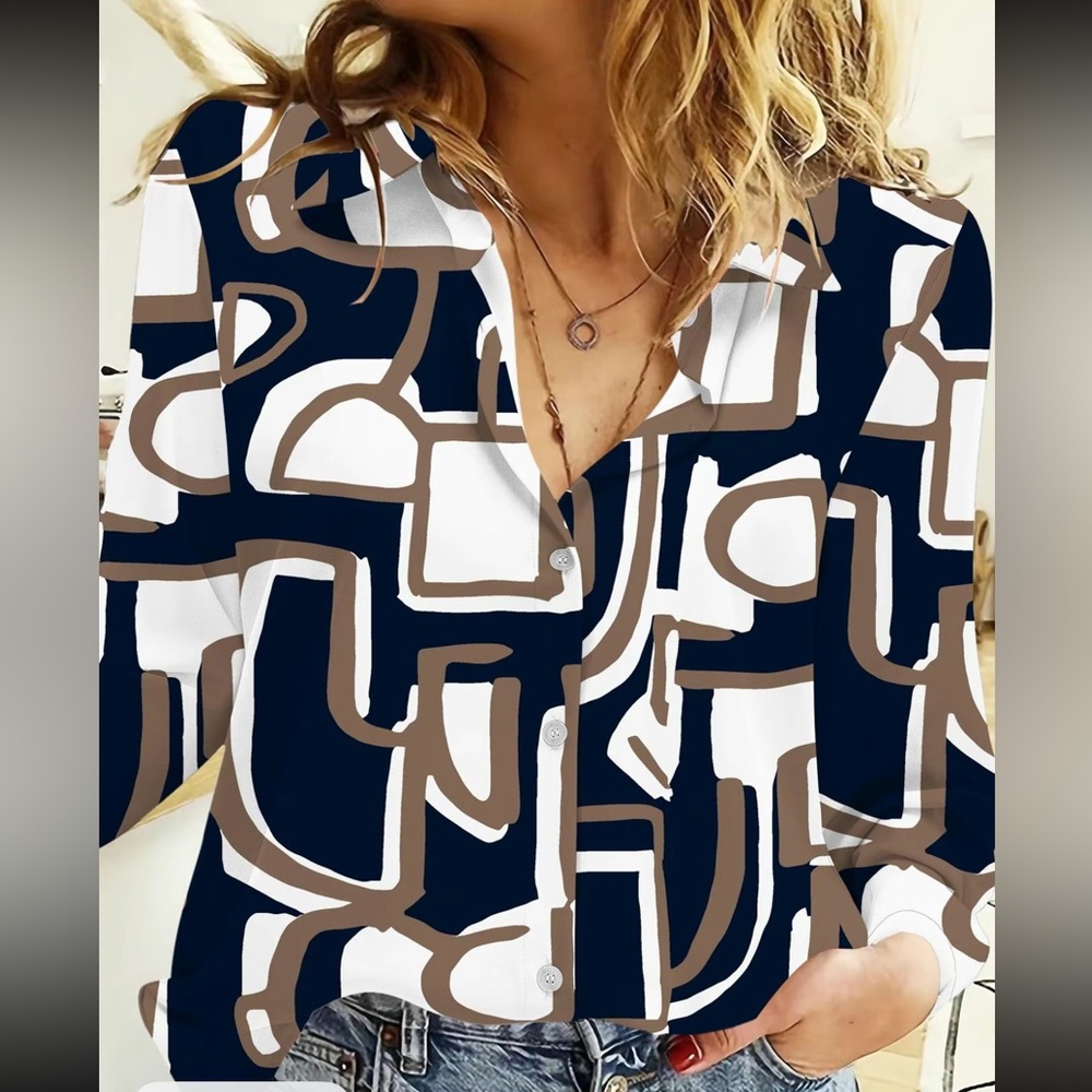 Abstract Pattern Button Down Shirt in Navy and Brown